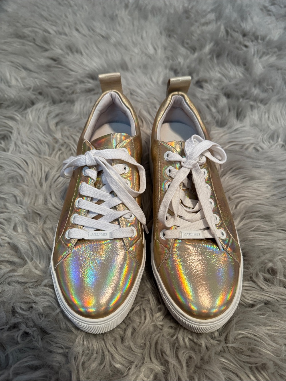 J Slides Iridescent Gold Athletic Sneakers with White Laces
